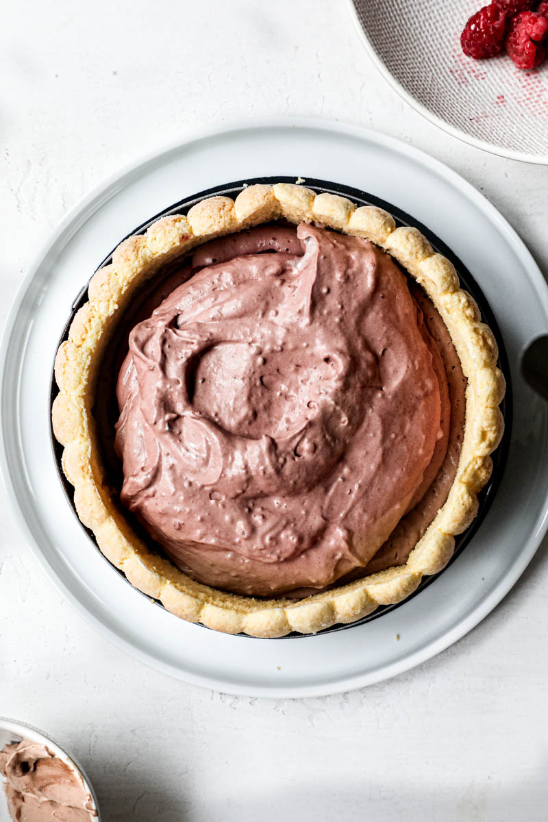 The charlotte cake topped with a final layer of Bavarian cream.