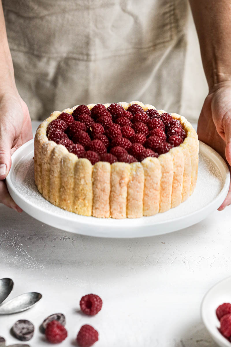 Two hands holding a white plate with the raspberry chocolate charlotte cake.