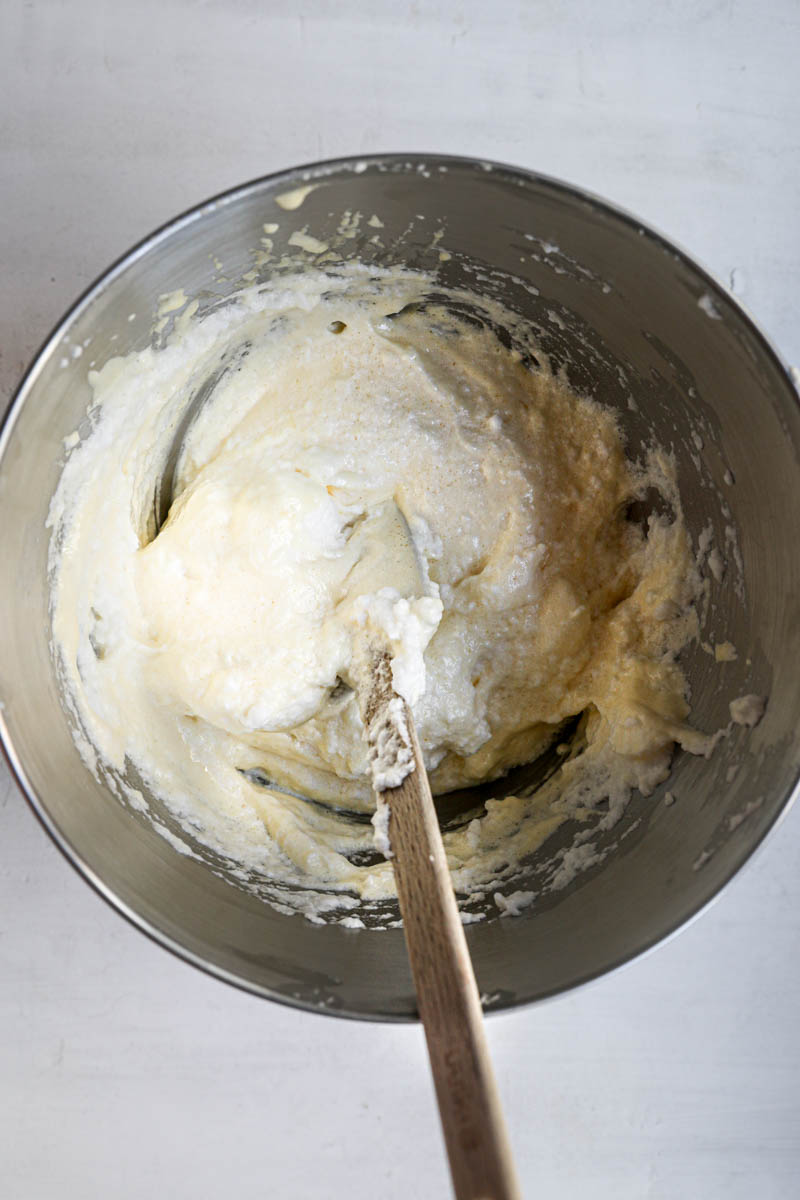 The ladyfinger cake batter ready inside a mixing bowl.