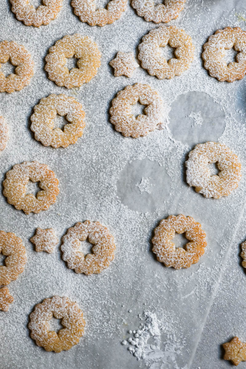 Cookie tops dusted with powdered sugar