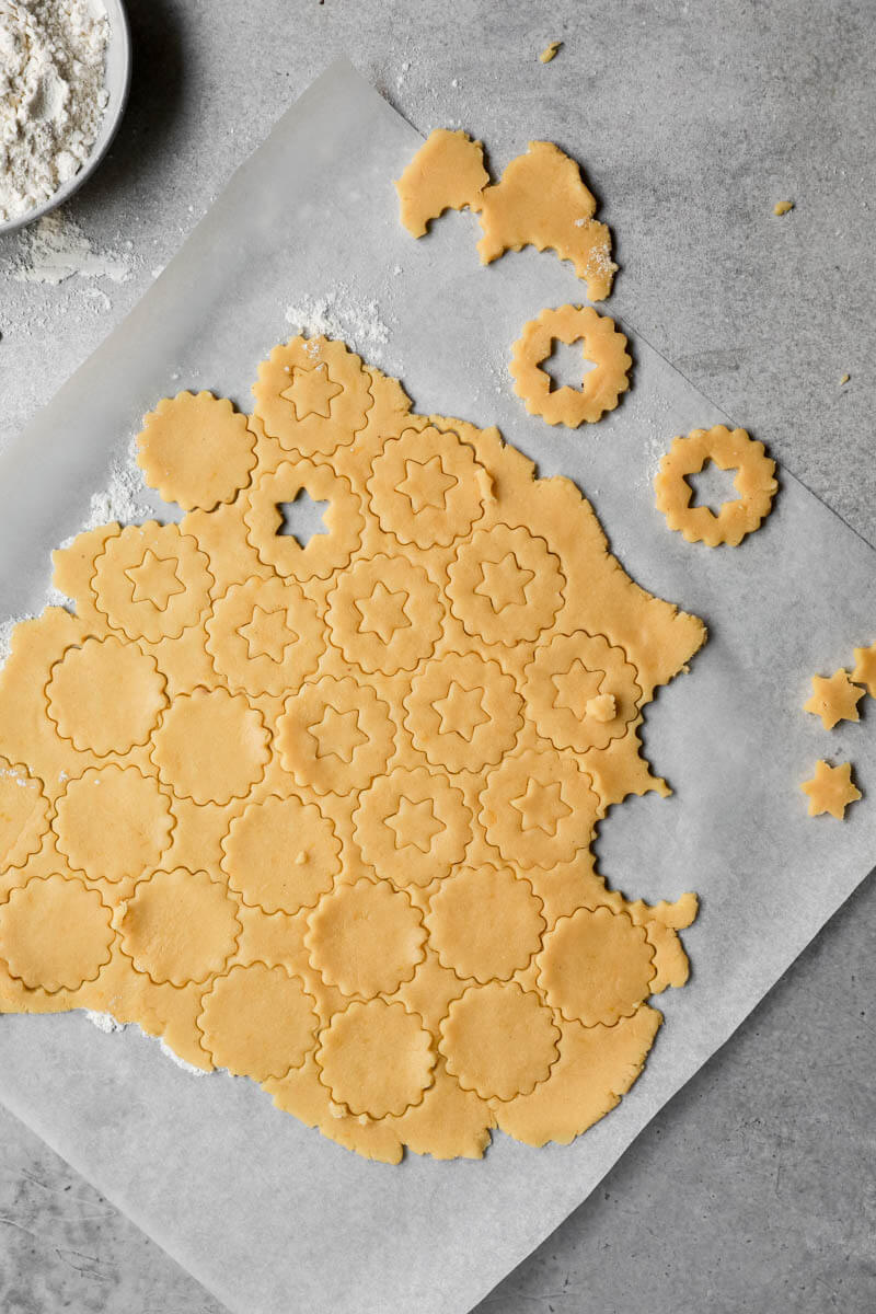 Rolled out and cut out linzer cookie dough