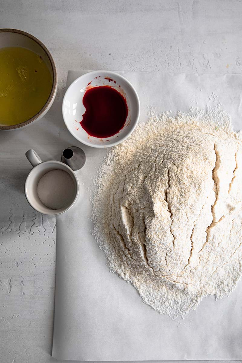 Ingredients to make raspberry macarons