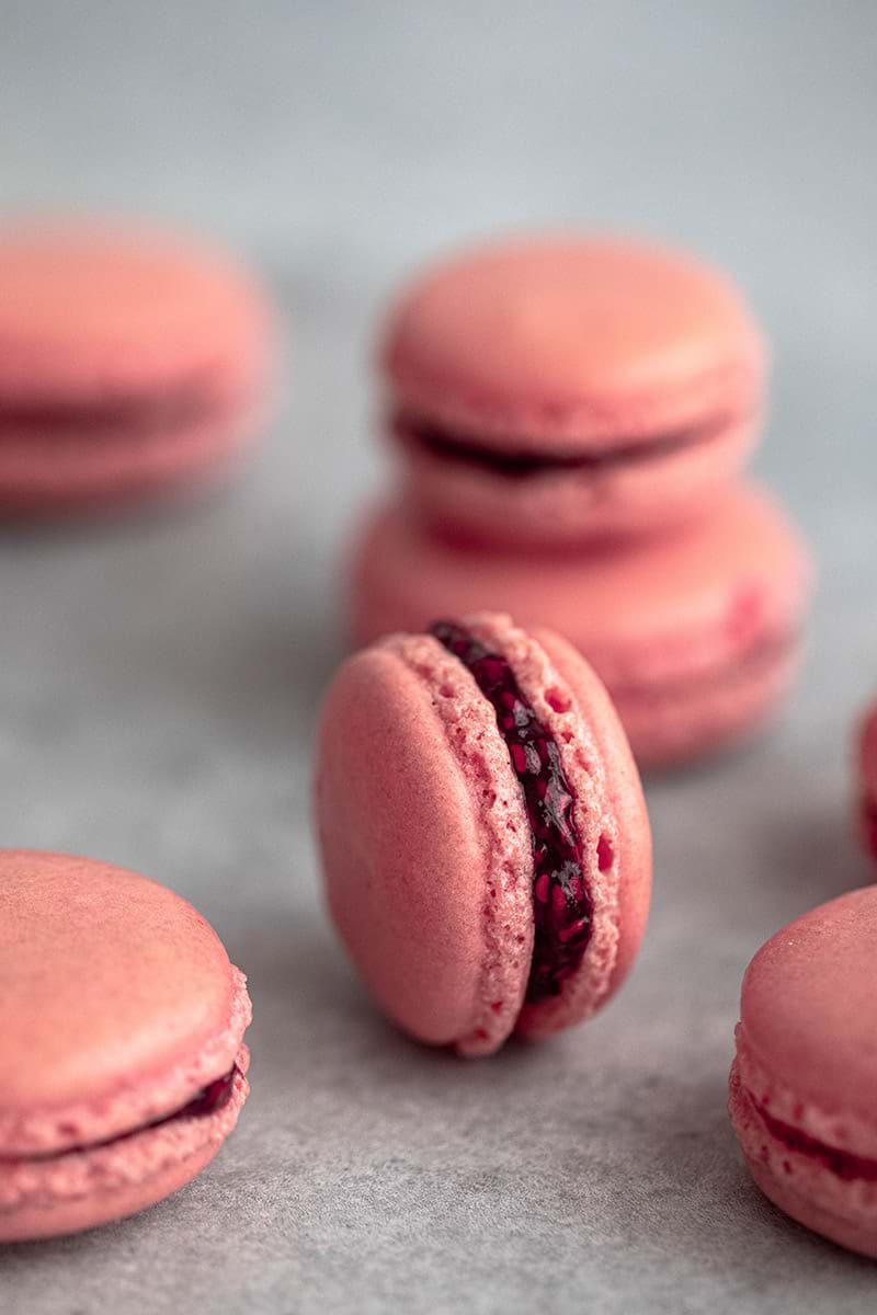 Raspberry macarons filled with homemade raspberry jam