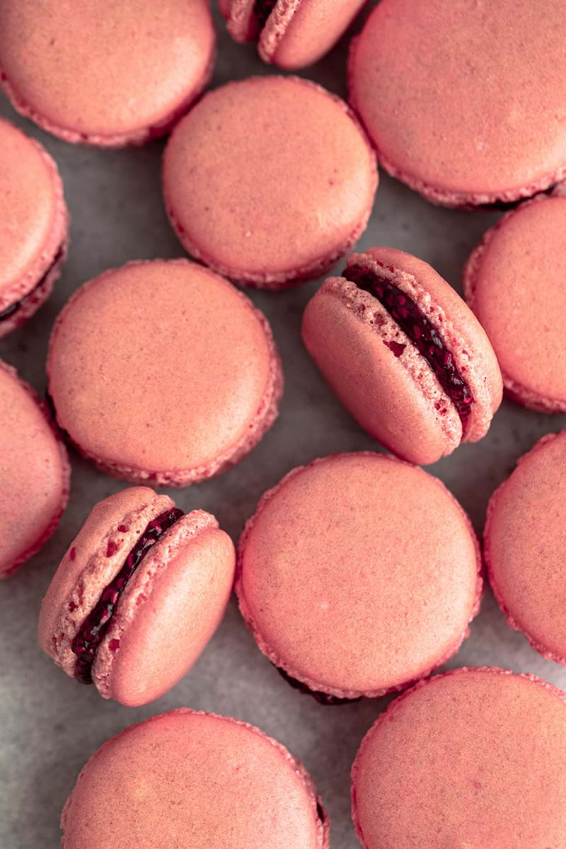 Raspberry macarons overhead shot