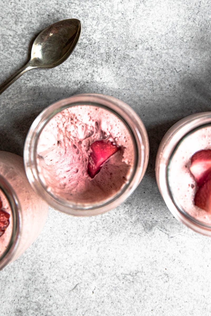 Close up of one strawberry mousse as seen from above.