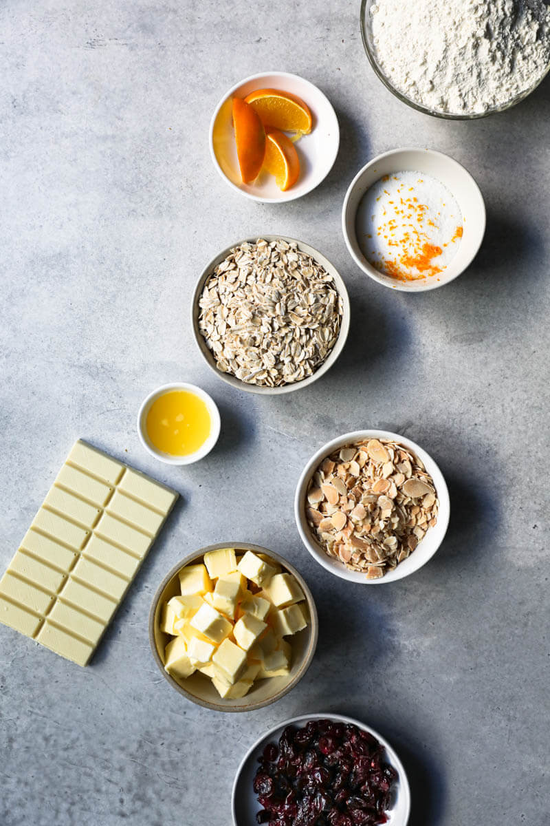 Ingredients necessary to make the white chocolate oatmeal cookies