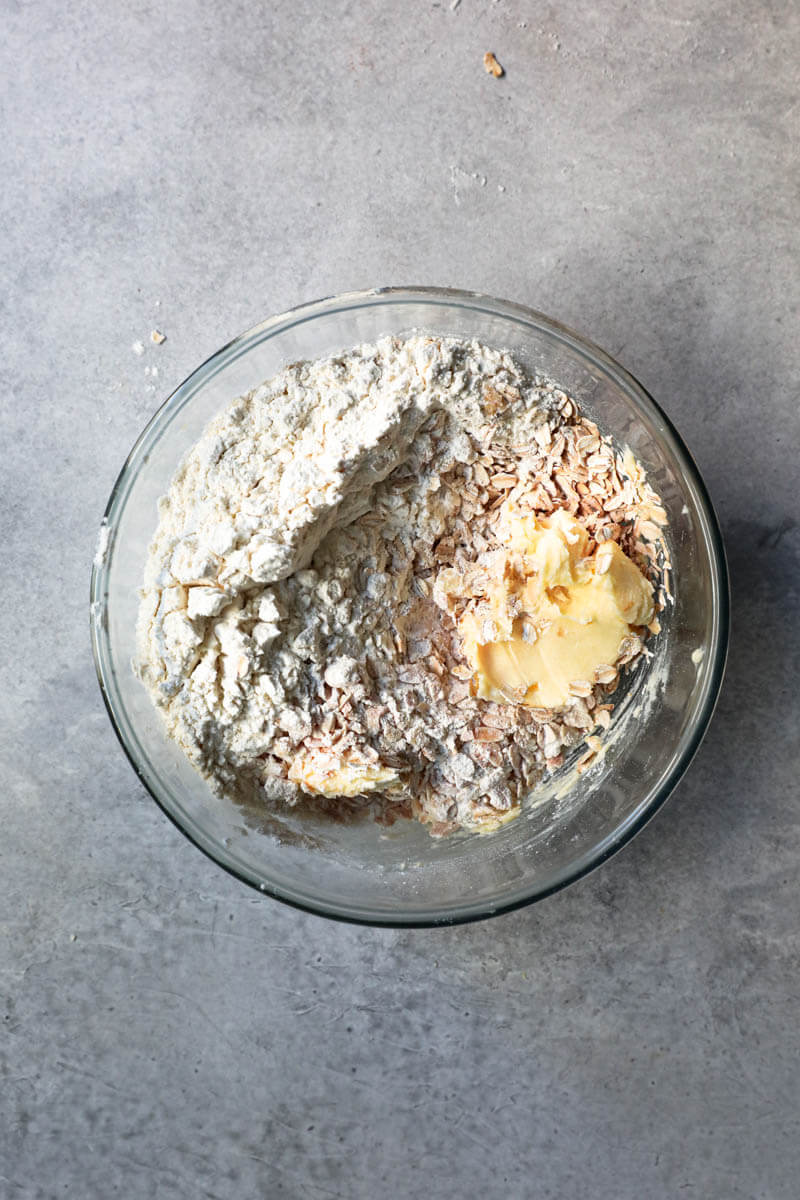 The butter/sugar mixture plus the dry ingredients in a bowl