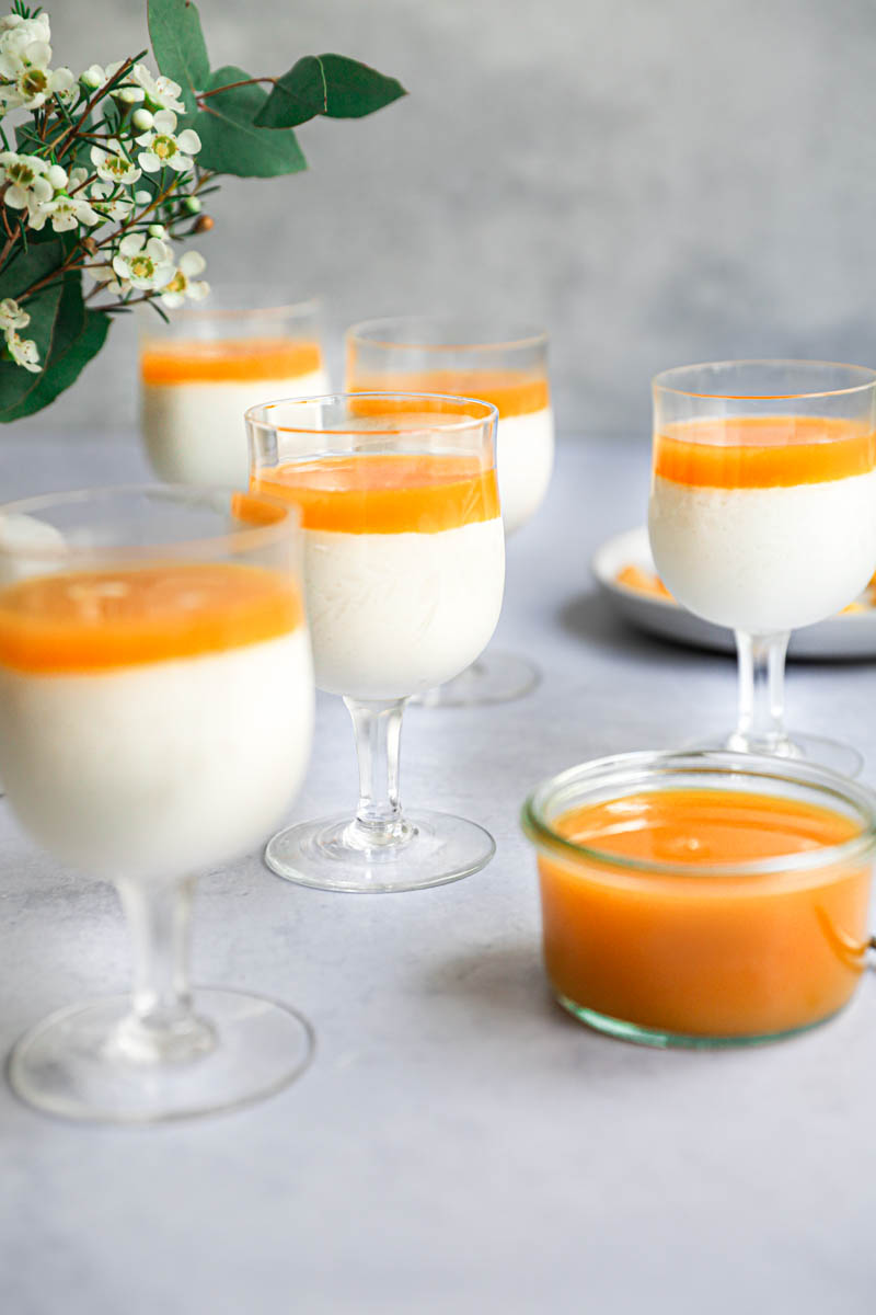 The chilled white chocolate mousses topped with the freshly made mango jelly.