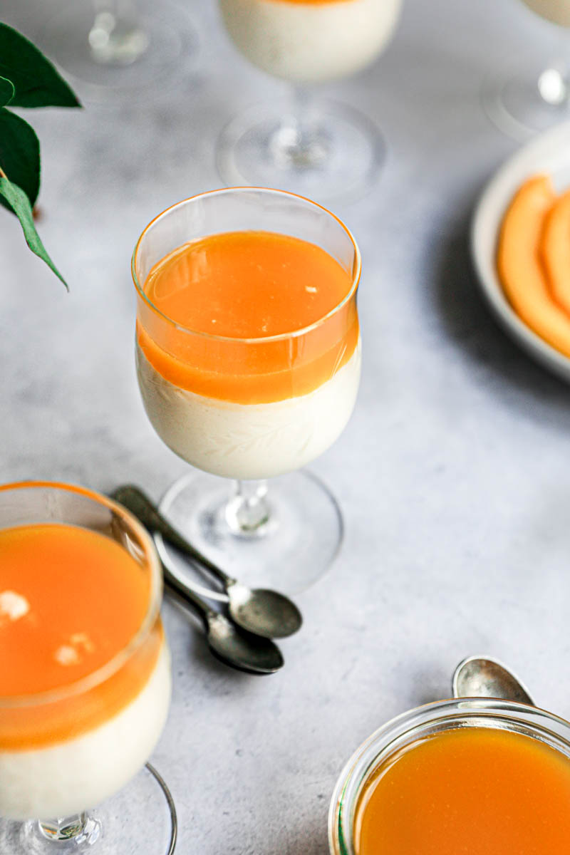 The chilled white chocolate mousses topped with the freshly made mango jelly.
