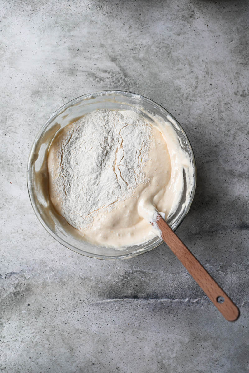 Bowl holding the roll cake batter plus the flour