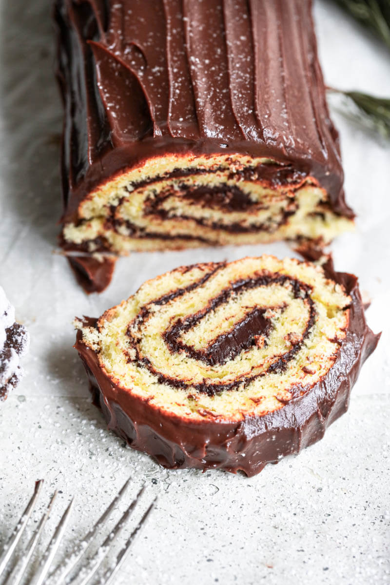 Sliced yule log cake