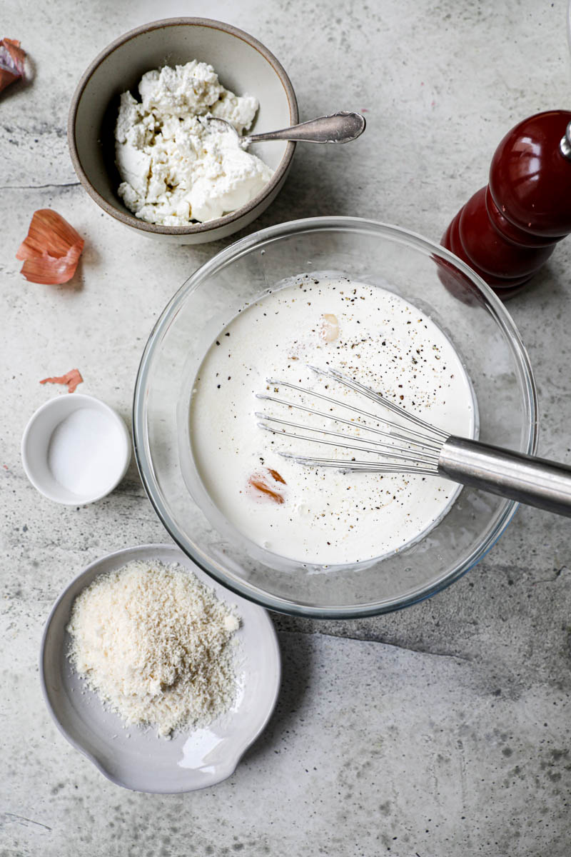 The ingredients for the quiche batter as seen from above.